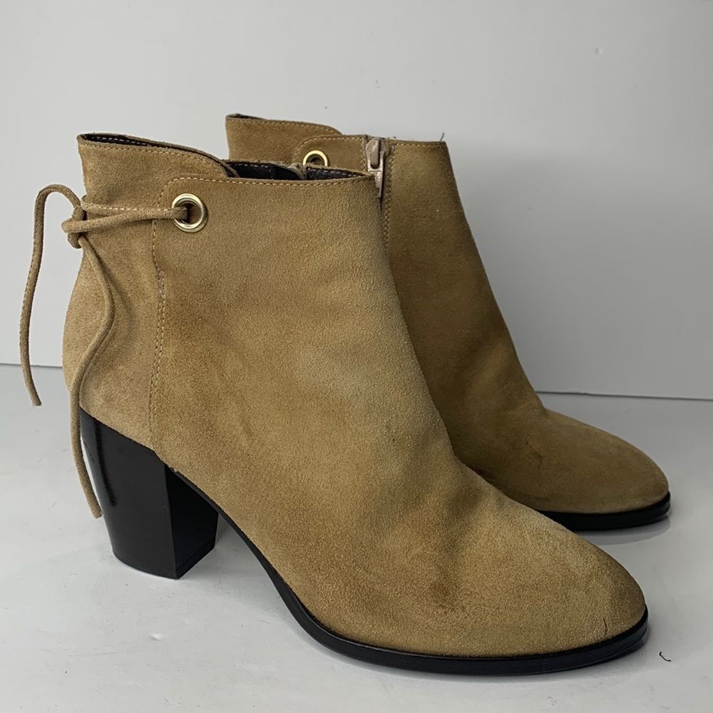 Dee Keller tan suede heel tie ankle booties